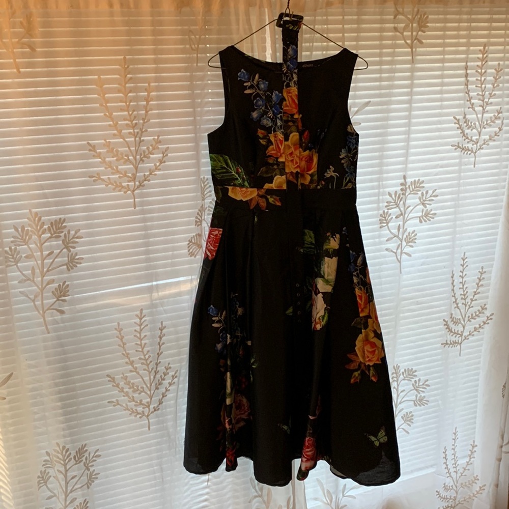 eShakti Rose Print Dupioni Belted Dress